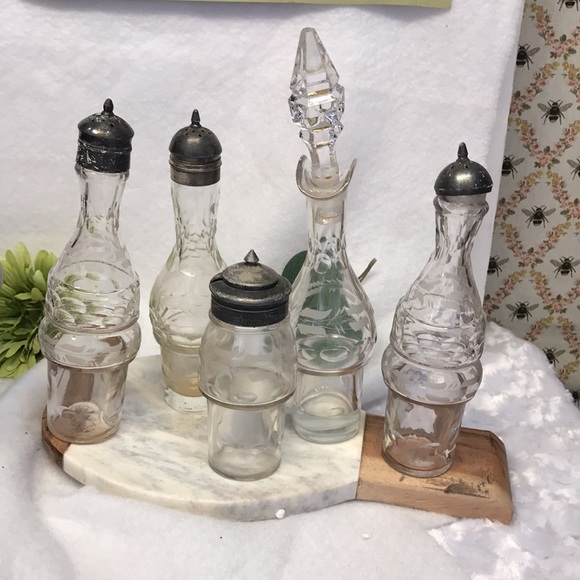 Vintage vase curettes carousel silver plated etch crystal glass oil vinegar 6 pc - Picture 6 of 16